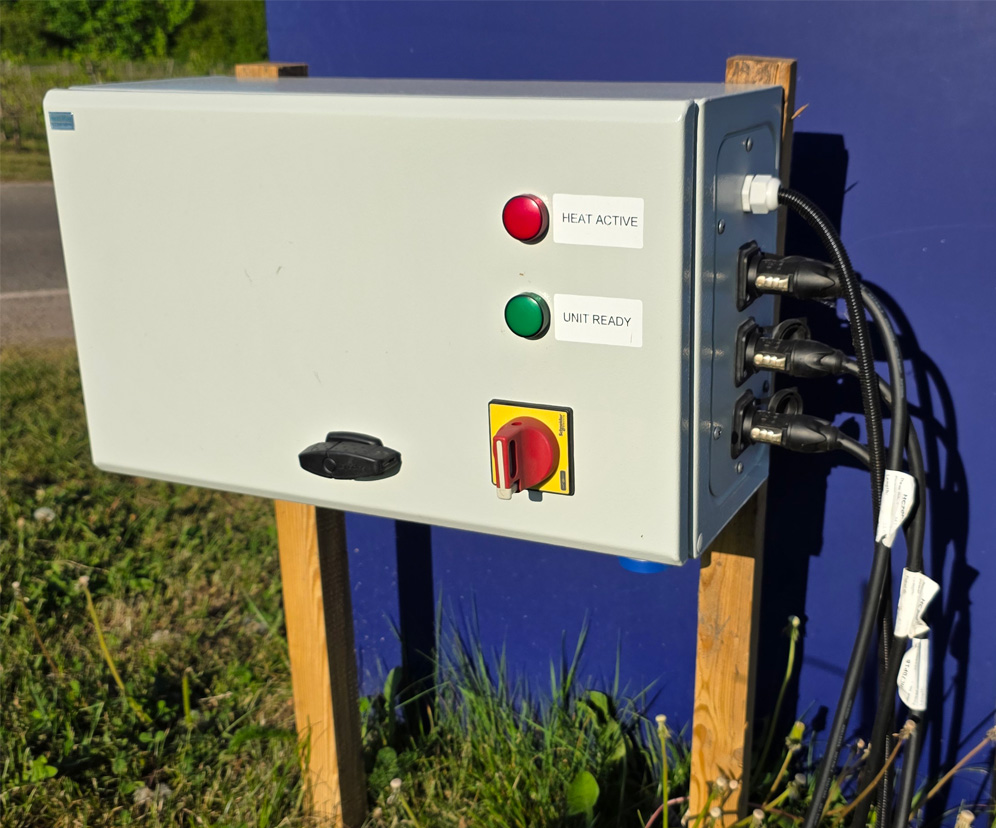Close-up of vineyard frost protection electrical panel